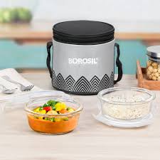 AM3698 Borosil Round Mealbox 400ml Glass Lunch Box set 2 Blue,Grey