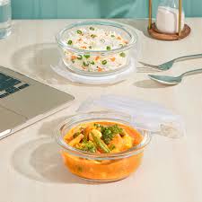 AM3698 Borosil Round Mealbox 400ml Glass Lunch Box set 2 Blue,Grey