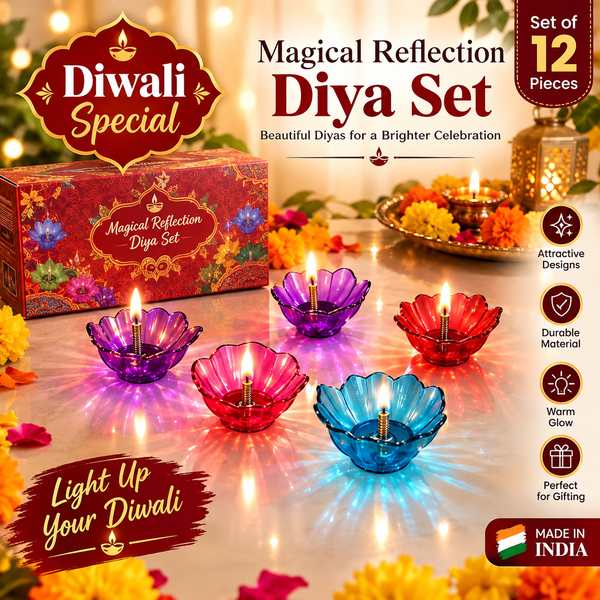 6320 Magical Reflection Diya Set with 6 Attractive Design Cup (Set Of 12 Pieces)