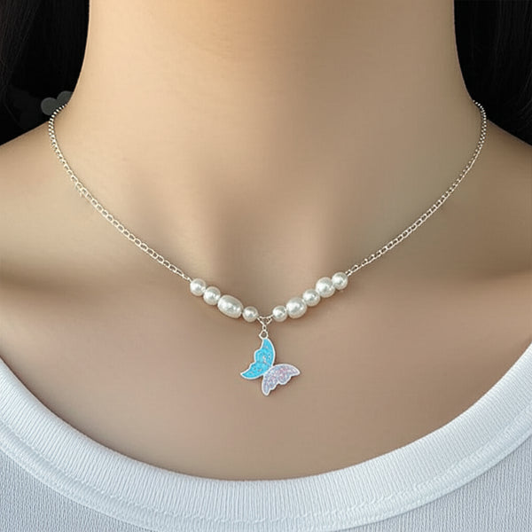 AM5774 Butterfly Pendant Necklace Pearl Jewellery and Pearl Earings- For Women Imitation Pearl Multilayer