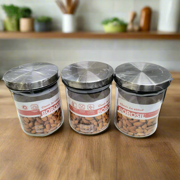 AM5170 Borosil Classic Jars With Wooden Tray - 3Pcs (600 ml Each)