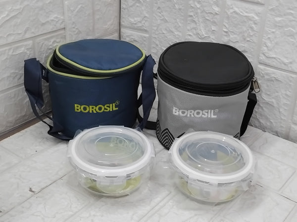 AM3698 Borosil Round Mealbox 400ml Glass Lunch Box set 2 Blue,Grey