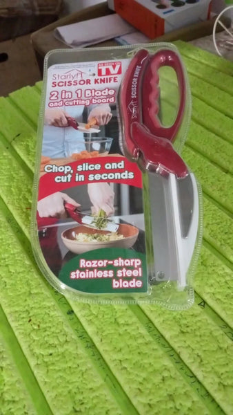 12019 2 in 1 Kitchen Knife Scissor with Spring Locking Hinge and Chopping Board (1 Pc / With Card Packing)