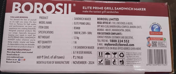 AM3638 Borosil Elite Prime Grill 1000 Watt Sandwich Maker for Kitchen