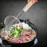 3132 20cm Stainless Steel Strainer Skimmer Deep Fry Jhara with U Shape Wooden Handle