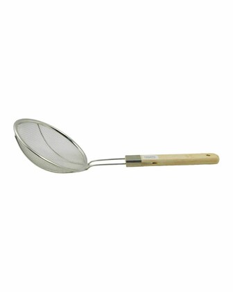 3132 20cm Stainless Steel Strainer Skimmer Deep Fry Jhara with U Shape Wooden Handle