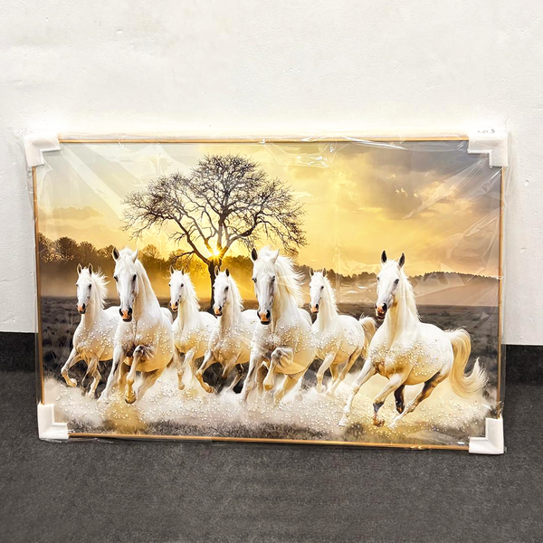 TM0192 MixDesign 7 Running White Horses Vastu Wall Art with Golden Frame 47x31 Inch