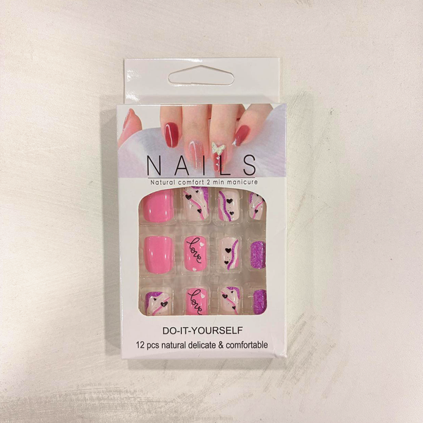 TM0167 Mix-Design Pink & Purple Heart Pattern Press-On Nail Set (12-Piece)