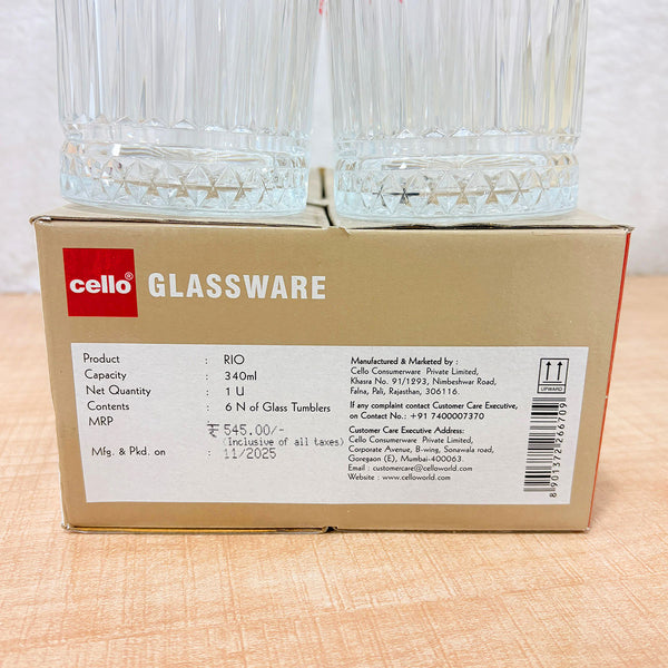 AM6567 Cello Rio K-Series Glass Tumbler Set - 340ml (Pack of 6)