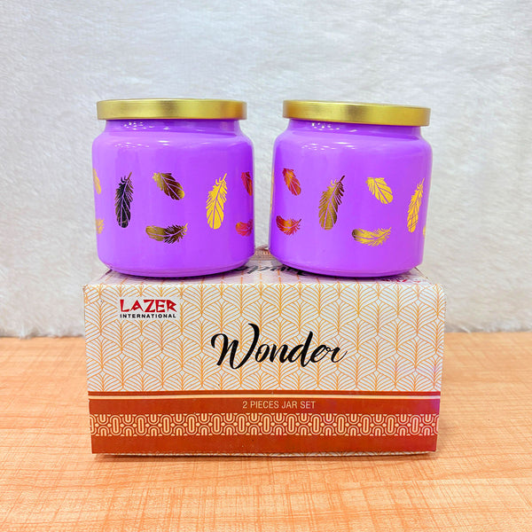 TM0077 Wonder Lime Green Feather Design Decorative Jar with Gold Lid - 2pc