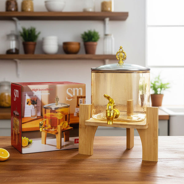 AM6275 High Borosilicate Glass Juice Dispenser with Wooden Stand – 1 Pc