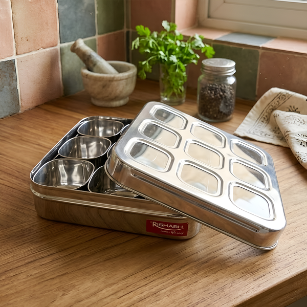 AM7066 Rishabh Mercure 13 Steel Masala Box with 9 Compartments & See-Through Lid