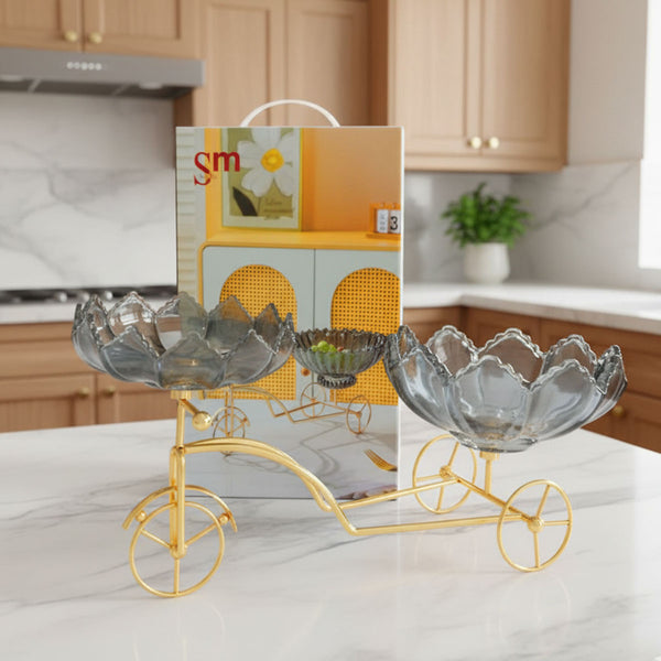 AM6273 Elegant Twin Glass Bowl with Golden Tricycle Stand – Decorative Serving Set