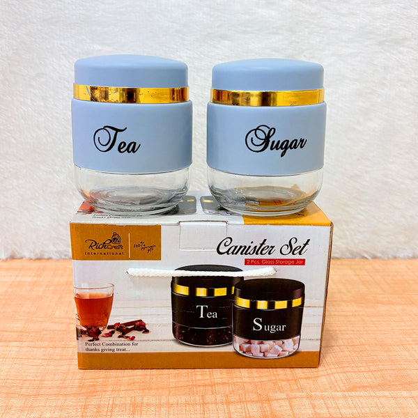 TM0078 2-Piece Glass Tea & Sugar Canister Set – Powder Blue & Gold