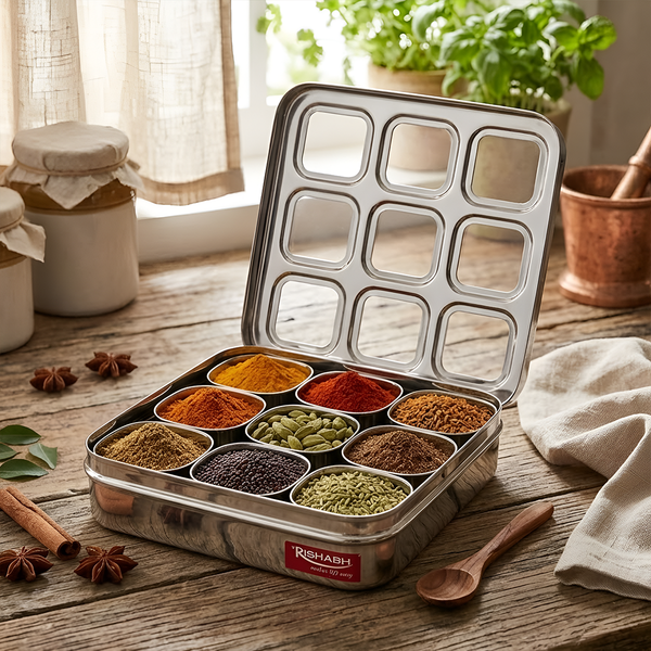 AM7066 Rishabh Mercure 13 Steel Masala Box with 9 Compartments & See-Through Lid