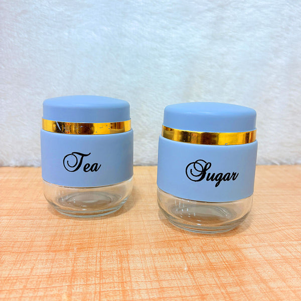 TM0078 2-Piece Glass Tea & Sugar Canister Set – Powder Blue & Gold