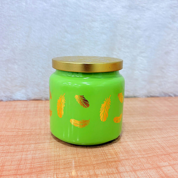 TM0076 Wonder Lime Green Feather Design Decorative Jar with Gold Lid - 1pc