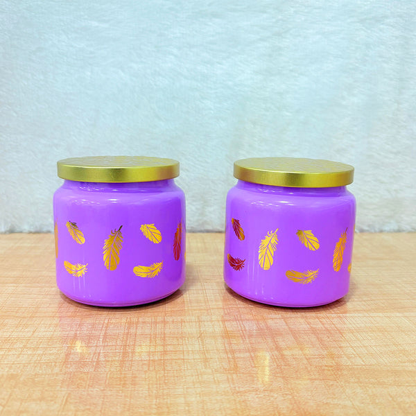 TM0077 Wonder Lime Green Feather Design Decorative Jar with Gold Lid - 2pc