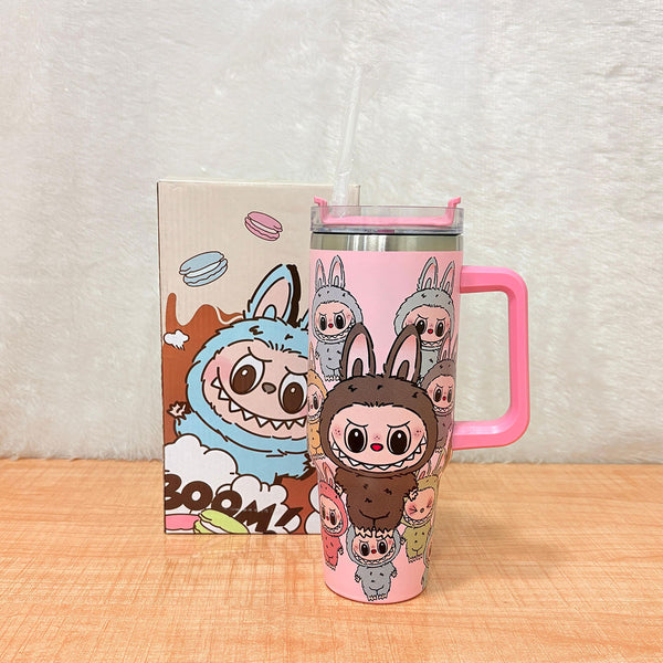 TM0036 Labubu Monster Bunny Pink Tumbler with Handle
