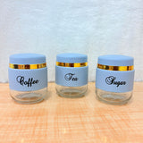 TM0079 3-Piece Glass Coffee, Tea & Sugar Canister Set – Powder Blue & Gold
