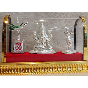 AM0738 Silver Ganesha Idol and Cow Idol with Tulsi Kyara for Gift, Silver Gift Item