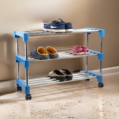 AM0827 Stainless Steel 4 Shelves Shoes Rack 4 Caster Movable Wheels Stand