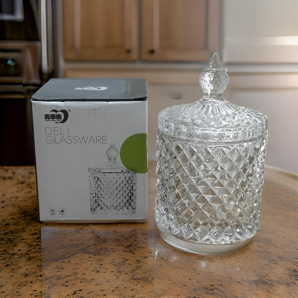 AM3047 Deli Glassware candy jar with Lid Pack of 1 Multipurpose Diamond Faceted Candy Jar Serving 1 Piece