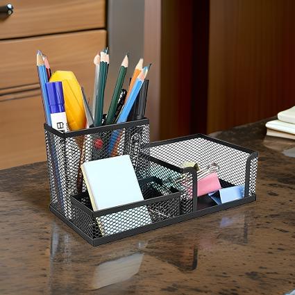 3571  3 Compartment Metal Mesh Desk Organizer Stationary Storage Stand Pen, Pencil Holder for Office, Home