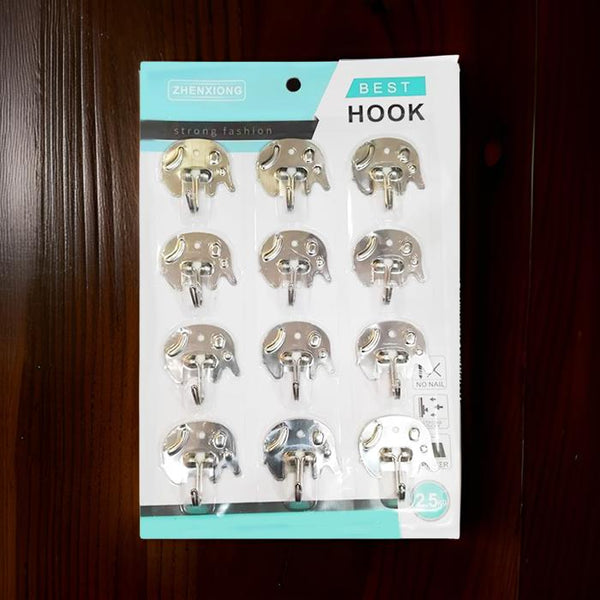 AM2169 Best Hook Elephant Shape 12Pcs Steel Silver Hooks for Wall Hanging, Kitchen, Bathroom