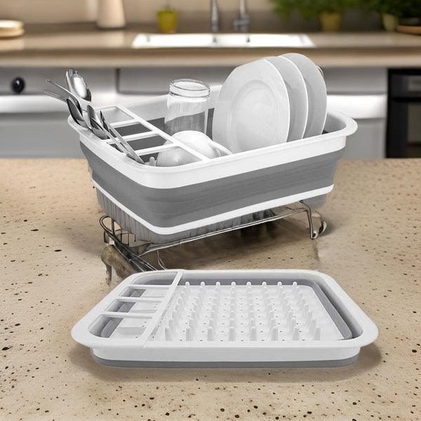 0804 Collapsible Folding Silicone Dish Drying Drainer Rack with Spoon Fork Knife Storage Holder