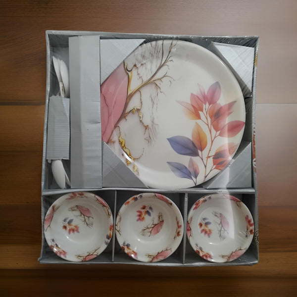 AM3099 Melamine Dream Dinner Set High Quality plastic Dinning Dinner set with Unique Flower Design Printed, 6 pc Plates, 6 pc Bowls and 6 pc Serving Spoon, Lightweight Round Plates and Bowls, Microwave, and Dishwasher Safe Set Of 18 Piece