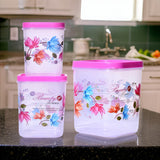 3933 Airtight Flower Printed Kitchen Storage Container - Transparent (Multicolor) Set of 3pcs (6000 x 8000 x 11000 ml)