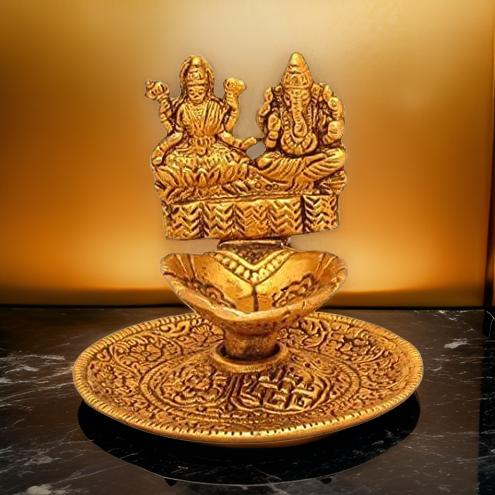 AM0372 Metal Laxmi Ganesh Hand Diya with for Pooja Hand Craved Diya for Puja Diwali Home