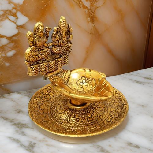 AM0372 Metal Laxmi Ganesh Hand Diya with for Pooja Hand Craved Diya for Puja Diwali Home