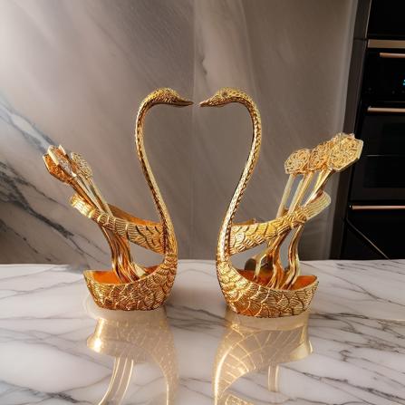 AM0734 Pack of 1 Gold Swan Dessert Spoon Holder Cutlery Set Stand Brass