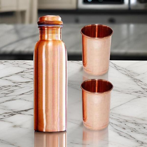 AM0377 Copper Coated Joint Free Leak Proof Cap 1 Litre Copper Water Bottle with Glass Set Of 2PCs