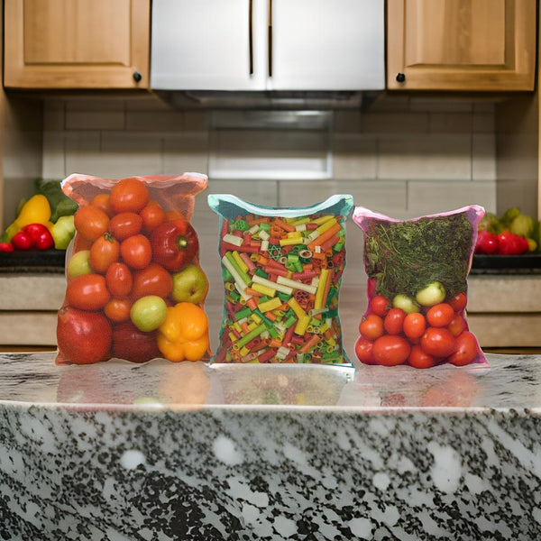 3030_Reusable Fridge Mesh Fabric Storage Bag for Vegetables and Fruits with Zipper (Multicolour, Size: 27 X 23 cm) - Set of 3