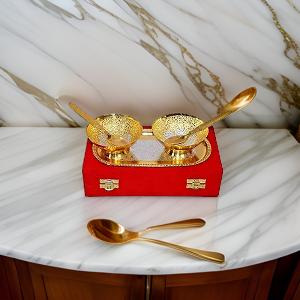 AM0752 Golden and Silver Plated Bowl Set (2 Bowls, 2 Spoons and 1 Tray)