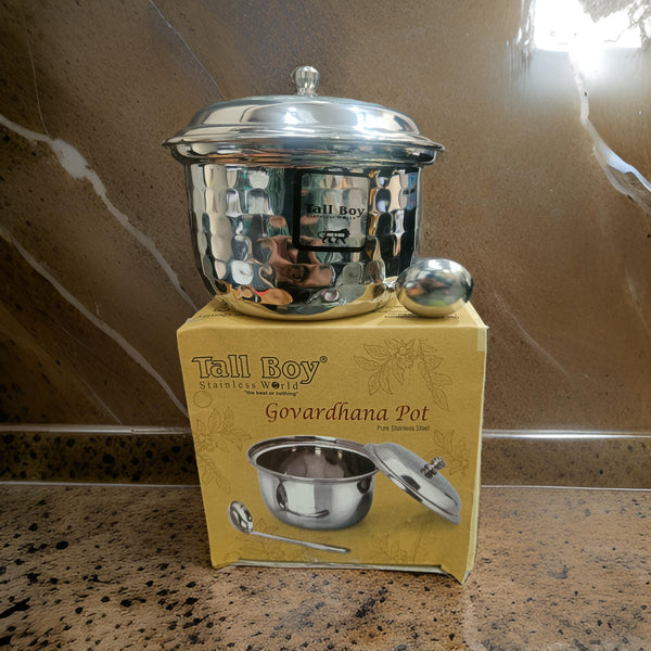 AM2212 Tall Boy Hammer ss Govardhana Ghee Pot with Lid and Spoon 200ml