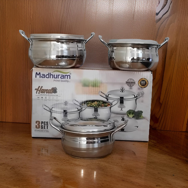 AM3112 Madhuram Prime Quality Silver Handi Stainless Steel 3 Piece