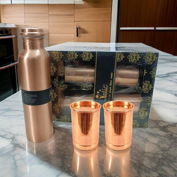 3601 Health Friendly Copper Water Bottle Gift Set With 2 Copper Glass