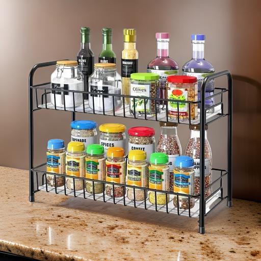 3318 Metal 2Tier Spice Rack Organizer Multifunction Kitchen Storage Shelf Rack Kitchen countertop stand (Black)