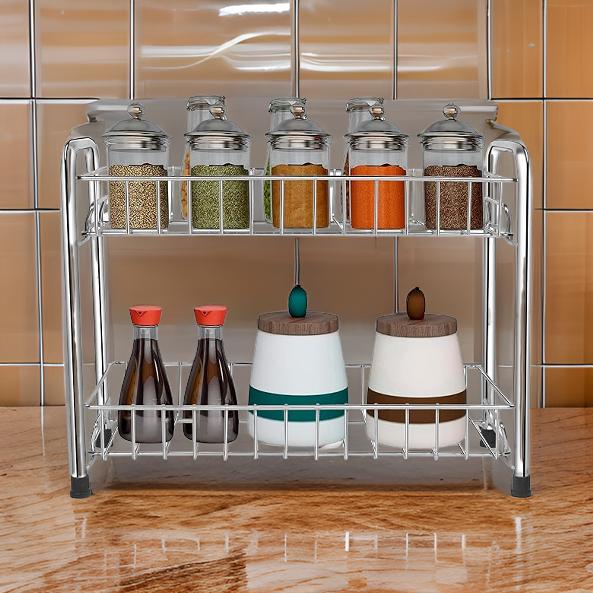 3213 Steel 2Tier Spice Rack Organizer Multifunction Kitchen Storage Shelf Rack Kitchen countertop stand (Silver)