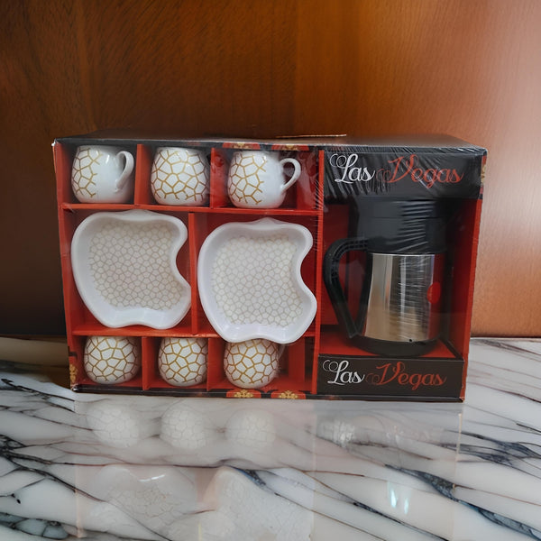 AM3084 Las Vegas Set Ceramic 6 Piece Mug, Plastic 2 Piece Platter & 1 Piece Kettle Set Of 9 Piece