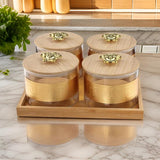 AM2546 Borosilicate Airtight Jar YJS3316 with Gold Decal Wooden Tray Set of 4 Pcs