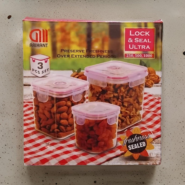 AM2267 Lock & Seal Ultra Storage Container Square Shape ( 250ml, 500ml, 1000ml ) 3 Pcs Set