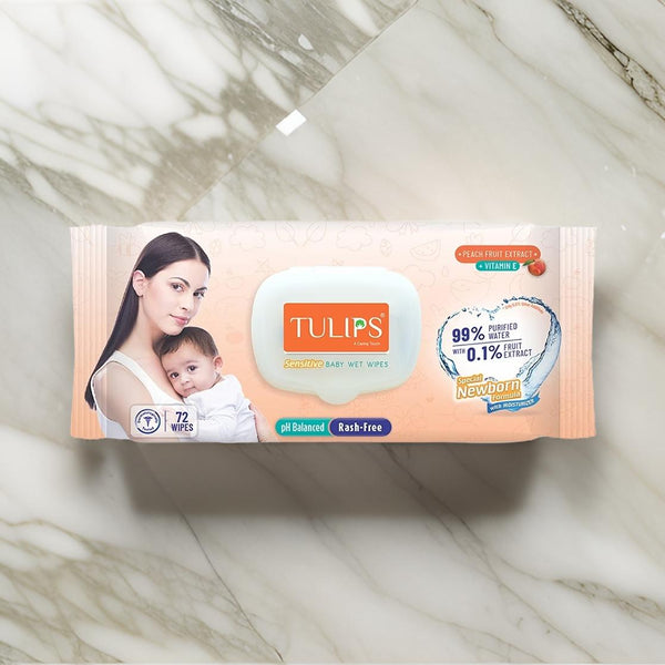 AM2527 Tulip Sensitive Baby Wet Wipes Peach Fruit Extract 72 wipes in a Lid pack 1 Pack