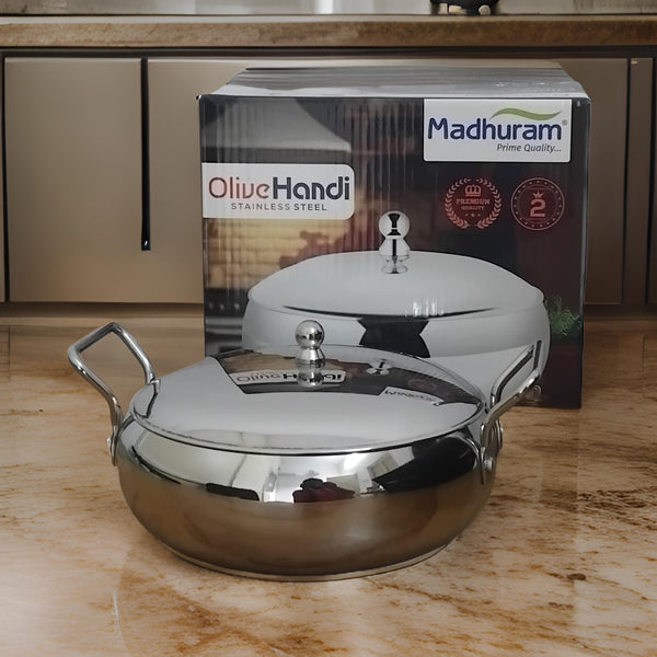 AM2995 Madhuram Prime Quality Olive Handi Stainless Steel (2) With Handle 1 Piece