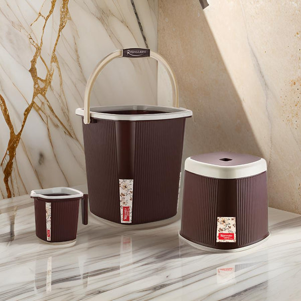 AM2654 Rishabh Superline Small Superline Mug 1Ltr, Superline Bucket 20Ltr, Superline Stool Big Bathroom Set of 3Pcs Multicolour