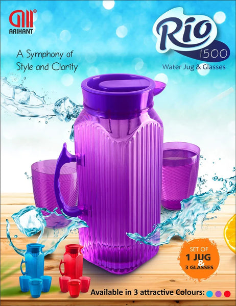 3047 Water Roi Pet Jug set of 1 jug & 3 glasses (Multi-colour)-1.5 ltr